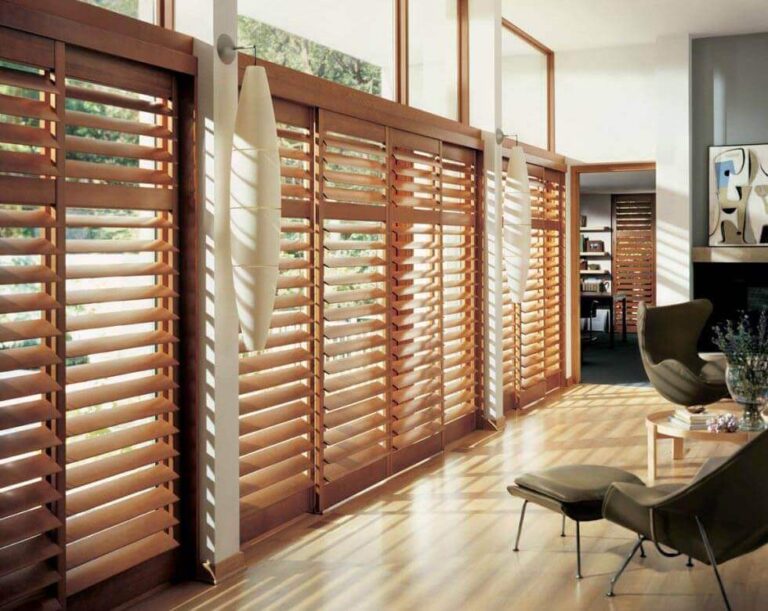 windows with wooden blinds